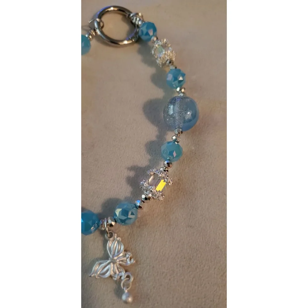 Beaded Bracelet Blue Silver Butterfly Charm phone chain